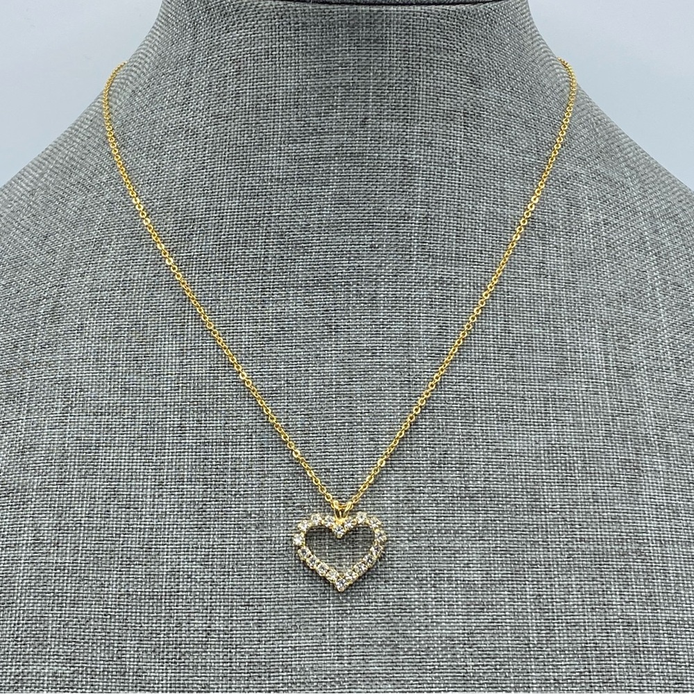 Vintage Gold Tone Crystal Rhinestone Openwork Heart Pendant Necklace Classy Chic